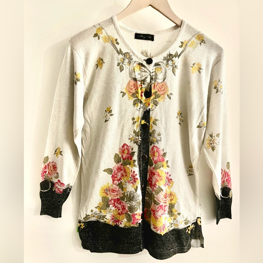 Majolica Ivory Knit Cardigan with Pink & Yellow Floral Detail size medium.